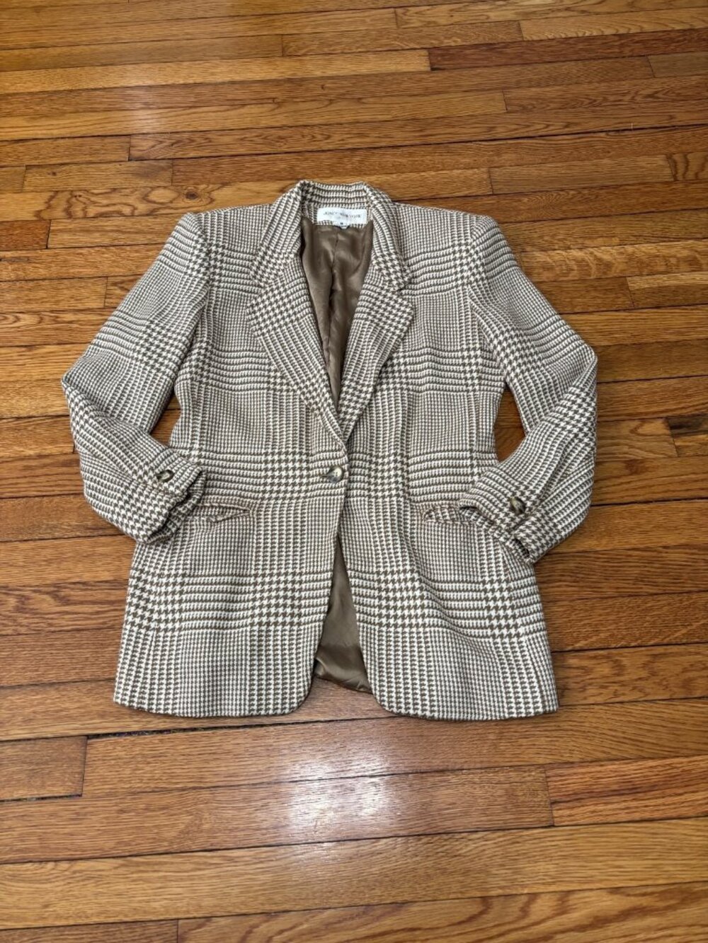 Vintage Jones New York Womens Blazer Jacket Size 8 Brown Wool Houndstooth Plaid